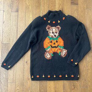 Vintage 90s Eagle’s Eye Halloween Sweater Pumpkin Teddy Bear Mock Neck Knit SZ M